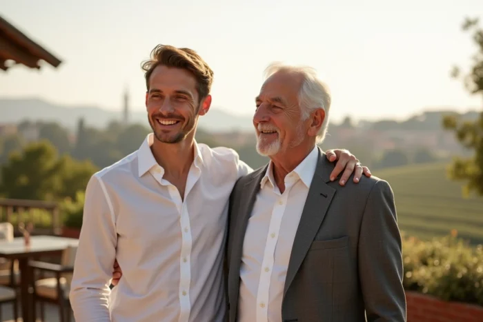 Un futur marié et son père partageant un moment complice sur une terrasse lors d'un enterrement de vie de garçon