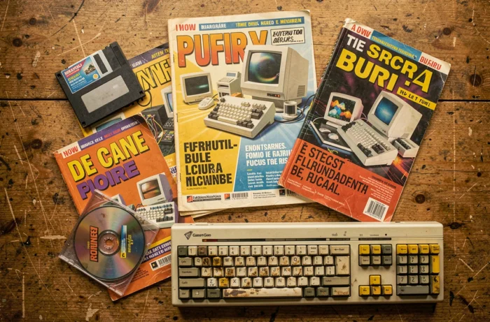 Plat posé de numéros vintage du magazine PC Expert avec disquette, CD-ROM et clavier ancien sur bois usé