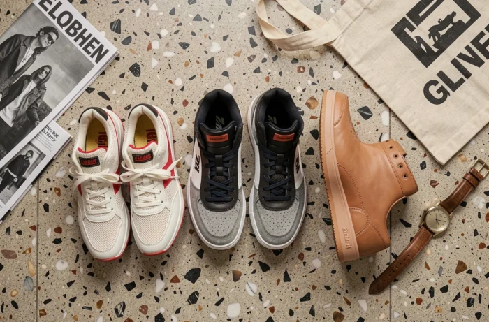Flat-lay éditorial de trois paires de sneakers originales et tendance disposées sur sol en terrazzo avec accessoires streetwear