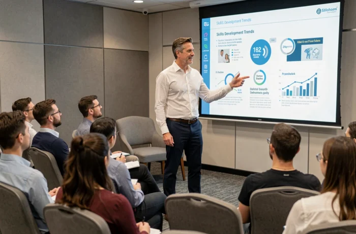 Formateur professionnel présentant les nouvelles tendances de la formation devant un public en salle de séminaire