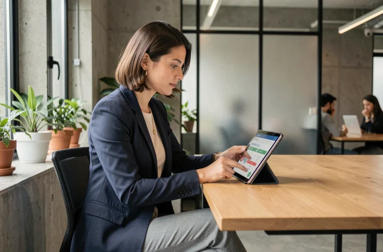 Professionnelle en formation numérique sur tablette dans un espace de coworking moderne