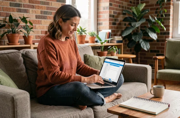 Freelance remplissant un dossier de location en ligne sur son canapé avec des notes manuscrites, illustrant les solutions alternatives pour louer un appartement sans fiche de paie