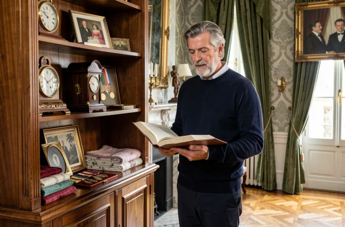 Homme tenant un livre de généalogie devant une armoire familiale remplie d'objets hérités dans un salon bourgeois français, illustrant l'histoire et les influences parentales