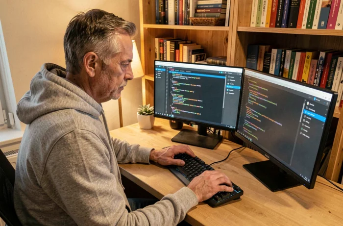 Homme en sweat gris utilisant un gestionnaire de mots de passe sur deux écrans dans un bureau à domicile, représentant les outils de cybersécurité quotidienne