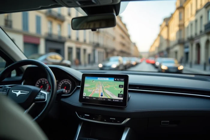 GPS de navigation monté sur pare-brise d'une voiture avec carte routière affichée à l'écran