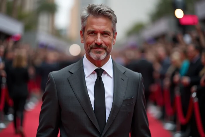 Grand acteur américain en costume sombre sur un tapis rouge lors d'un événement cinématographique