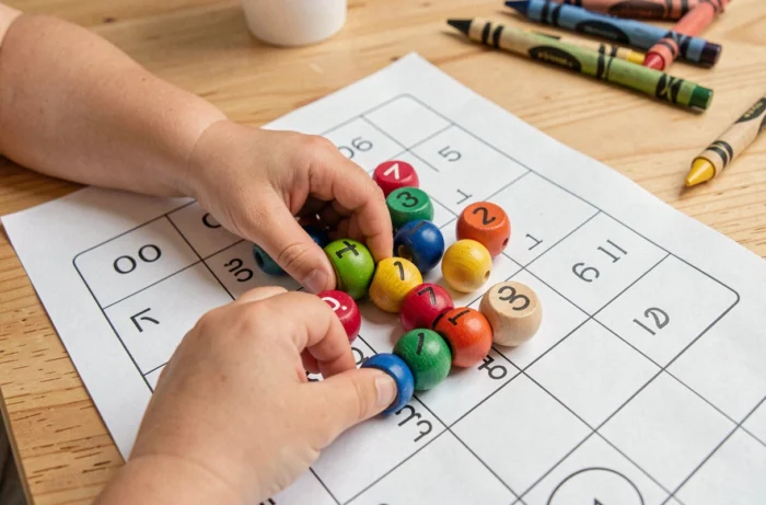 Gros plan sur les mains d'un enfant de 2-3 ans plaçant des perles en bois colorées sur une fiche d'activité imprimée pour apprendre à compter