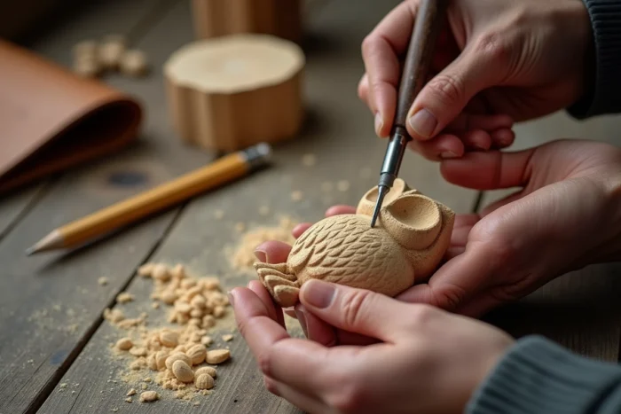 Gros plan sur des mains sculptant les détails d'une figurine de chouette en bois avec un outil en V sur un établi d'artisan