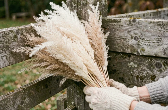 Gros plan de tiges de pampa moelleuses tenues à la main devant une clôture en bois rustique dans un jardin de campagne