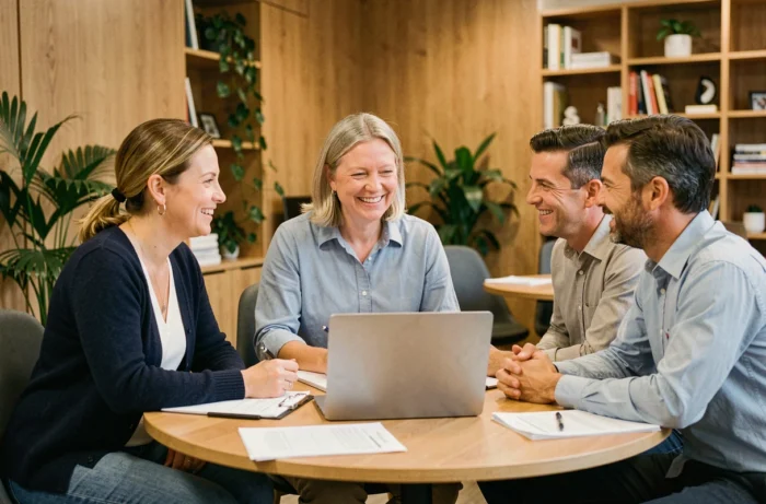 Groupe de personnes discutant autour d'une table dans un espace coopératif moderne, illustrant la solidarité et l'engagement d'une mutuelle santé