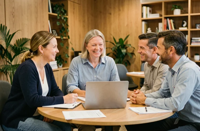 Groupe de personnes discutant autour d'une table dans un espace coopératif moderne, illustrant la solidarité et l'engagement d'une mutuelle santé