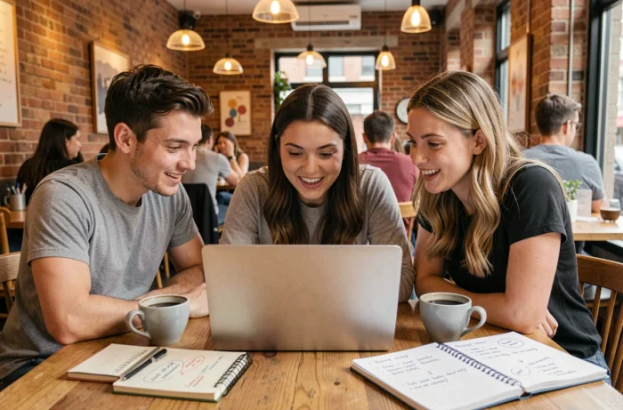 Groupe de jeunes entrepreneurs élaborant une stratégie pour augmenter leurs abonnés Instagram dans un café