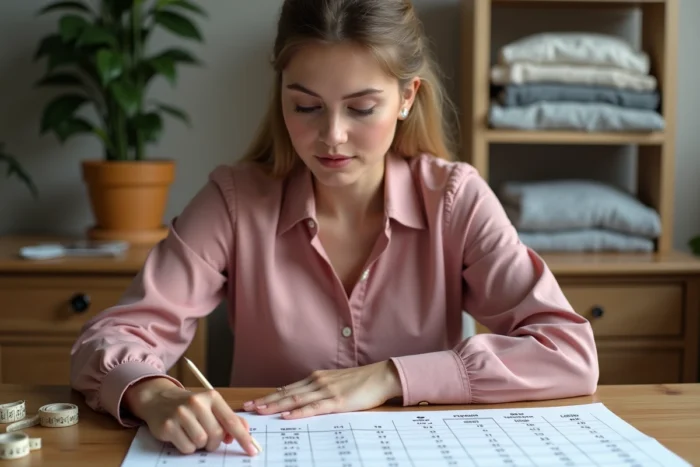 Femme consultant un guide des tailles vestimentaires à son bureau à domicile