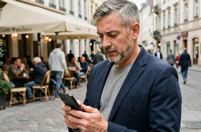 Homme consultant les tendances d'actualité sur smartphone dans une place publique européenne animée