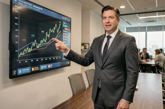 Homme d'affaires présentant des tendances économiques sur un écran interactif lors d'une réunion en salle de conférence professionnelle