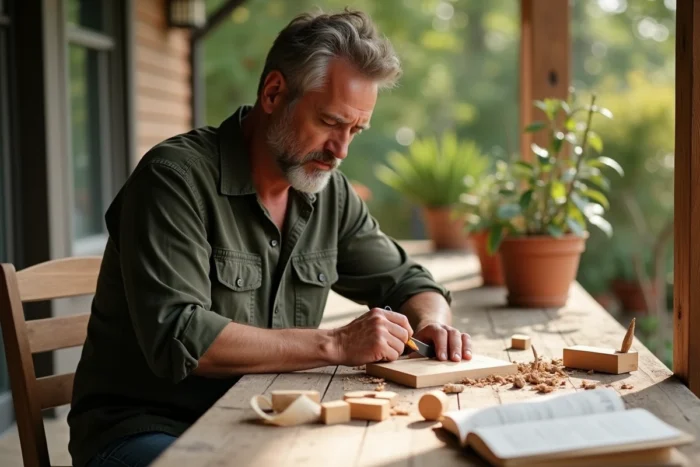 Homme adulte apprenant la sculpture sur bois en extérieur sur une terrasse avec un guide de techniques et un couteau à bois sur une table en bois