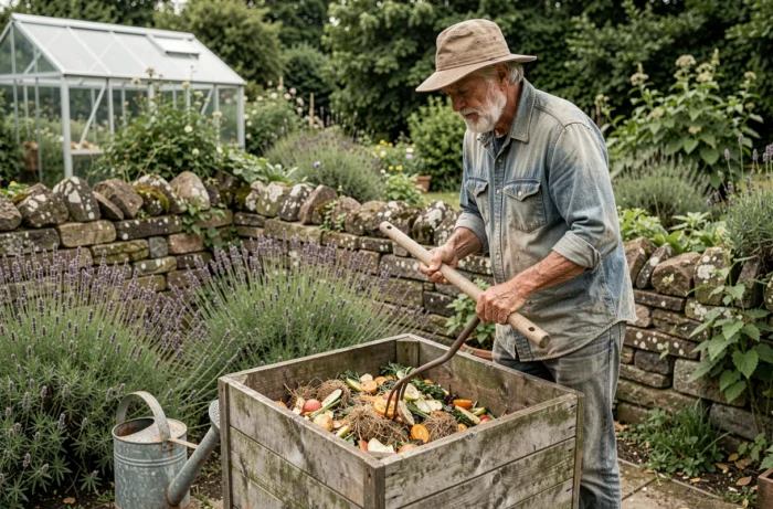 Homme âgé retournant du compost dans un bac en bois au jardin biologique, entouré de lavande et de végétation luxuriante