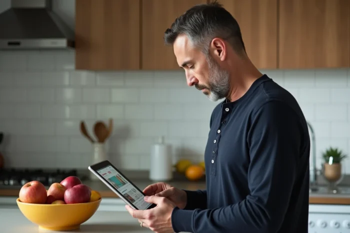Homme consultant une plateforme d'annonces gratuites en ligne sur une tablette dans sa cuisine
