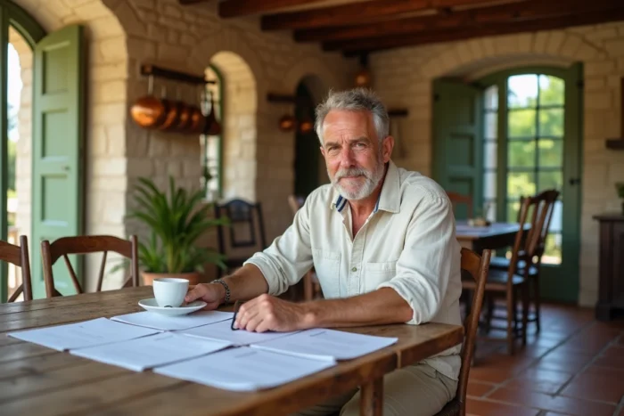 Homme mature consultant des documents de location dans une villa de campagne aménagée avec charme et authenticité