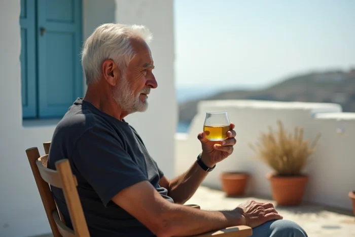 Homme âgé méditerranéen observant un verre d'eau avec de l'huile d'olive lors d'un rituel contre le mauvais œil sur une terrasse grecque