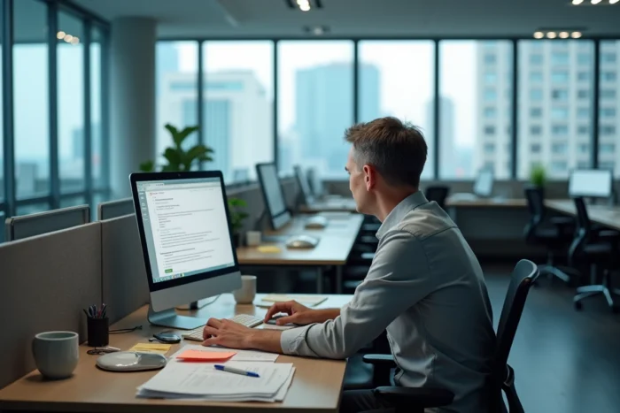 Homme en open space face à un problème de connexion au webmail professionnel sur ordinateur de bureau