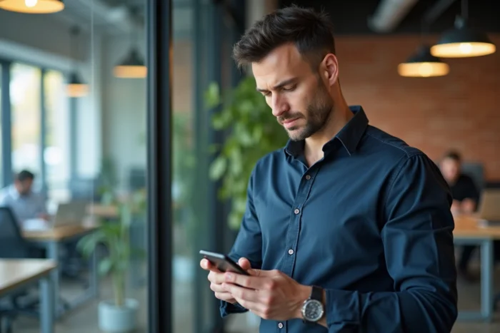 Homme d'affaires consultant les informations de contact d'une entreprise sur son smartphone dans un open space professionnel