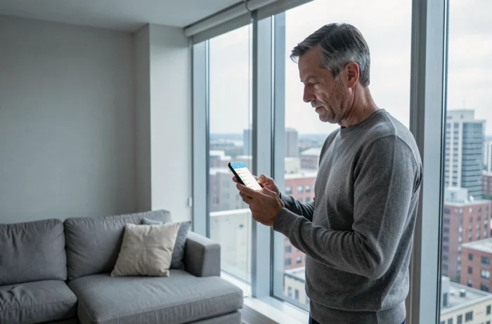 Homme consultant son smartphone pour joindre un conseiller téléphonique au 3400