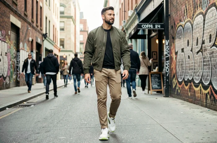Homme portant des sneakers chunky tendance en marchant dans une rue urbaine animée avec murs graffités
