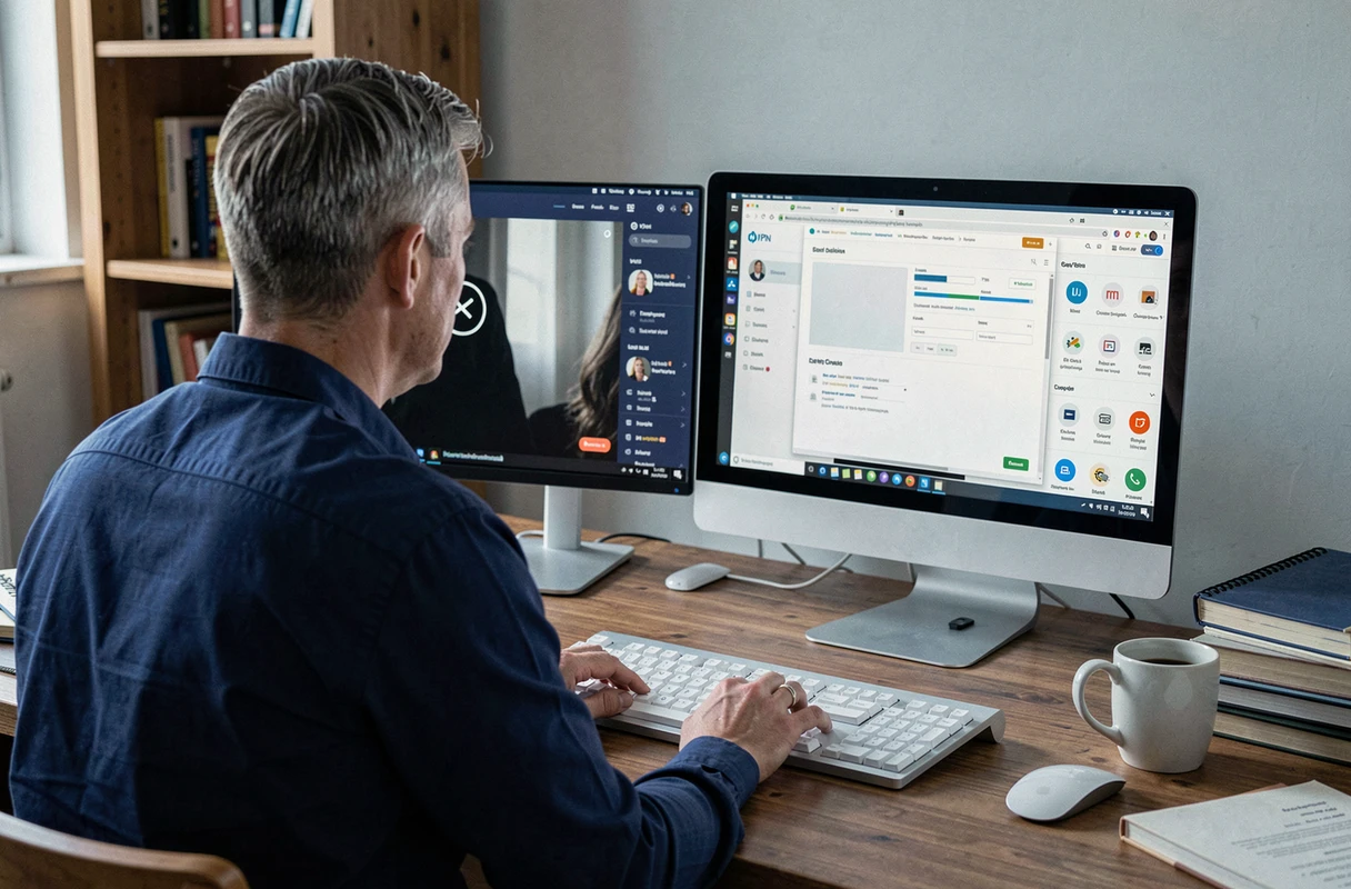 Homme consultant un site de streaming avec un VPN actif sur son ordinateur de bureau à domicile