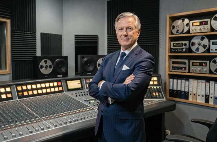 Homme en costume élégant dans une salle de contrôle d'un studio d'enregistrement professionnel