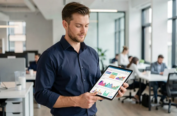 Homme consultant un tableau de bord de croissance Instagram sur tablette dans un espace de coworking moderne