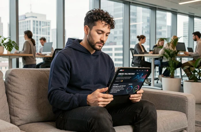 Jeune homme consultant un fil d'actualités technologiques sur une tablette dans un espace de coworking avec vue sur la ville