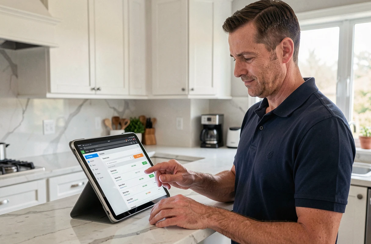 Homme utilisant une tablette dans sa cuisine pour accéder à son espace client et suivre ses commandes en ligne