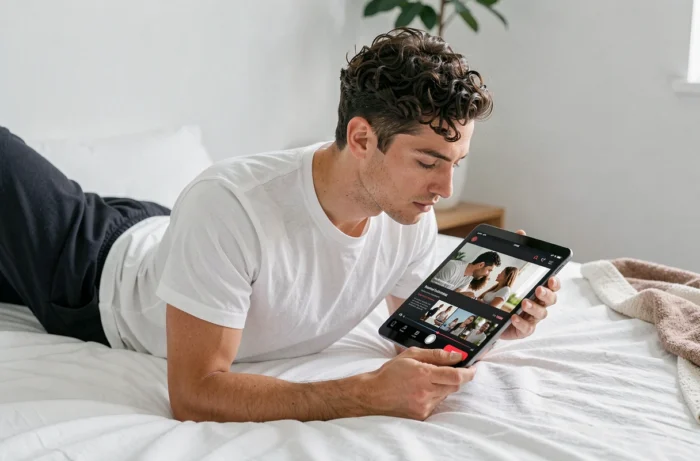 Homme utilisant une tablette pour regarder des vidéos en streaming depuis son lit dans une chambre minimaliste