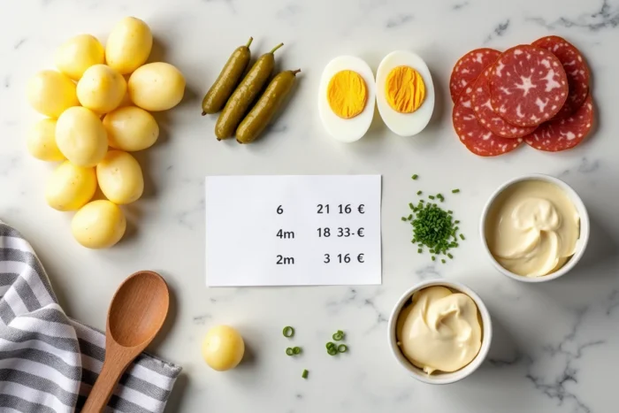 Ingrédients de la salade piémontaise décomposés avec étiquette nutritionnelle, pour comprendre les calories cachées de chaque composant