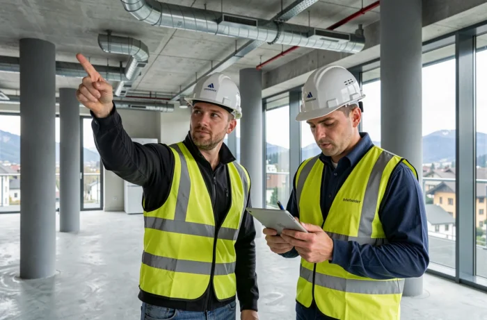 Deux ouvriers inspectant l'intérieur d'un bâtiment commercial neuf construit par une entreprise suisse