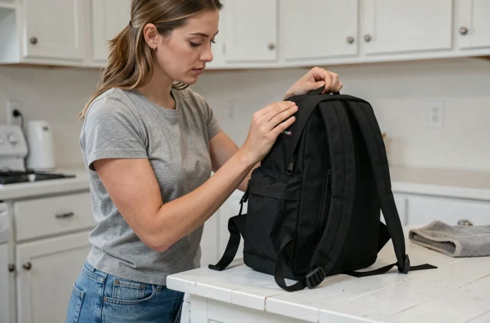 Femme inspectant un sac Eastpak noir avant de le laver, vérifiant les fermetures éclair et les sangles