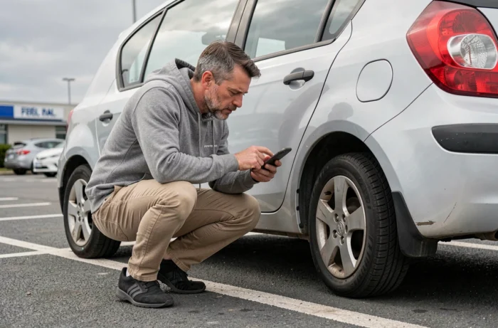 Homme inspectant un véhicule de location dans un parking avant de partir, photographiant une rayure existante avec son smartphone