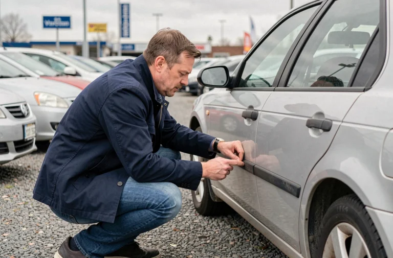 Un homme inspectant attentivement une voiture d'occasion dans un parc automobile, conseils pour acheter une voiture d'occasion