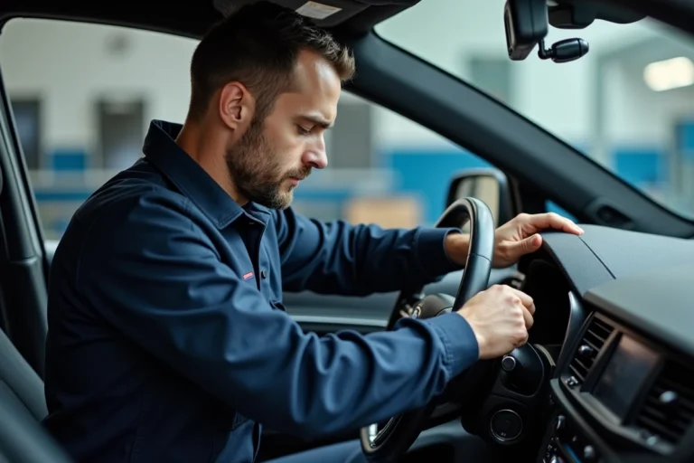 Technicien automobile installant un GPS dans le tableau de bord d'une voiture en atelier