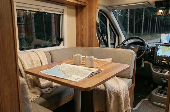 Intérieur confortable d'un camping-car stationné pour la nuit à Dancharia avec atlas routier et vue sur la forêt basque