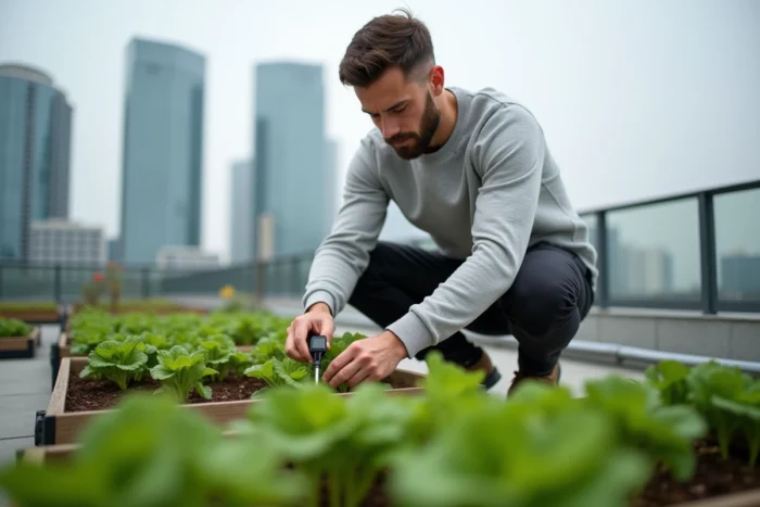 Entrepreneur inspectant un jardin potager urbain sur le toit d'un immeuble commercial symbolisant l'économie verte et durable