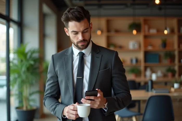 Jeune entrepreneur en costume gris consultant son smartphone dans un espace de coworking tendance