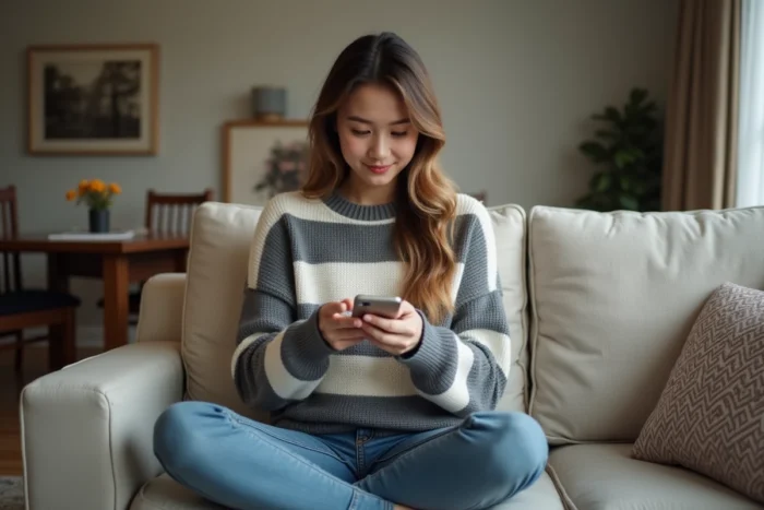 Jeune femme rédigeant une annonce gratuite en ligne sur smartphone depuis son salon