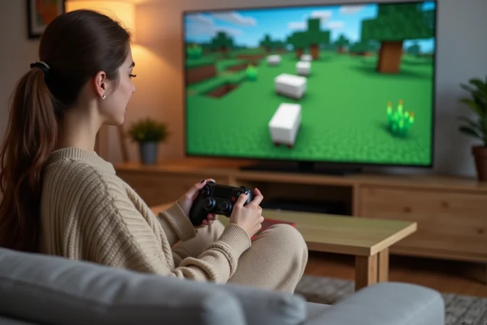 Jeune femme jouant à Minecraft sur console avec un terrain herbeux dans le jeu