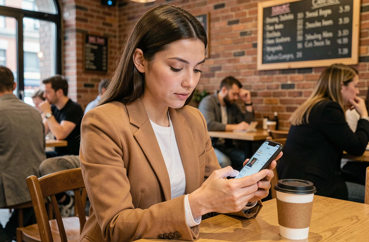 Jeune femme consultant son espace client sur smartphone dans un café pour gérer ses commandes en ligne