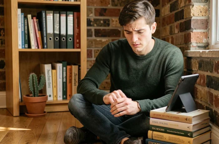 Jeune homme consultant l'actualité financière sur une tablette dans un bureau à domicile chaleureux entouré de livres d'économie