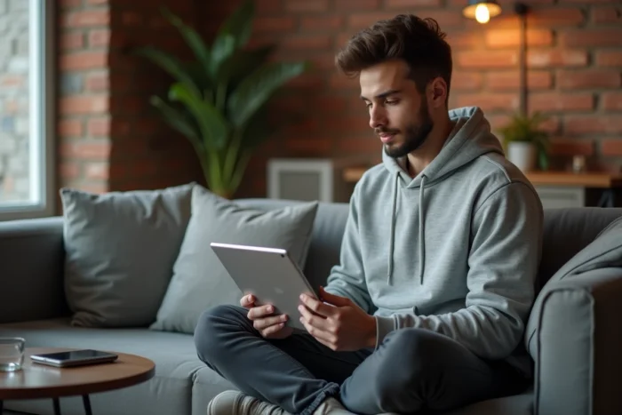 Jeune homme sur un canapé consultant les paramètres de récupération de compte sur un webmail depuis une tablette
