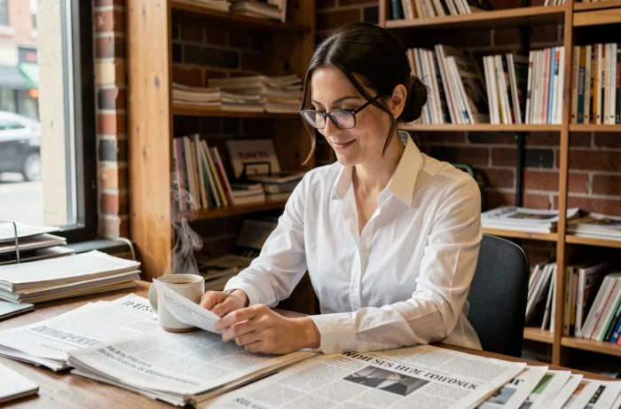 Journaliste femme lisant les dernières nouvelles dans une salle de rédaction chaleureuse avec journaux et café