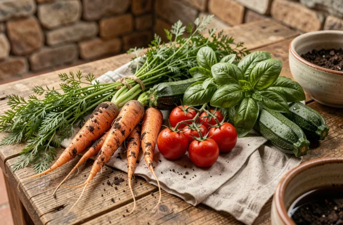 Légumes biologiques frais récoltés disposés sur une table en bois rustique, incluant carottes, courgettes et tomates cerises du jardin
